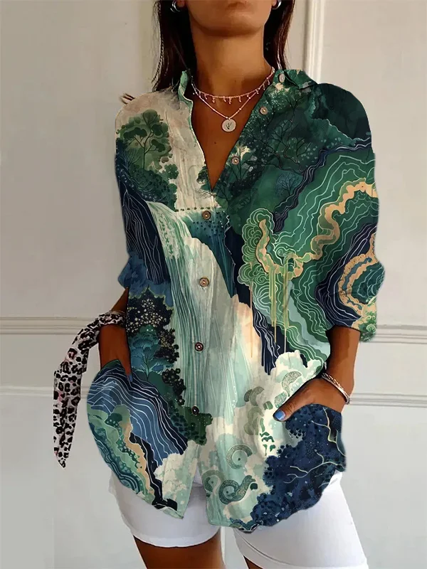 Women's Japanese Waterfall Landscape Art Printed Long Sleeve Shirt