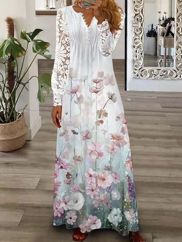 Casual Loose Half Open Neck Lace Floral Dress