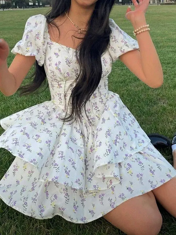 Brownm Floral Print Corset Slim Mini Dress with Puff Sleeves