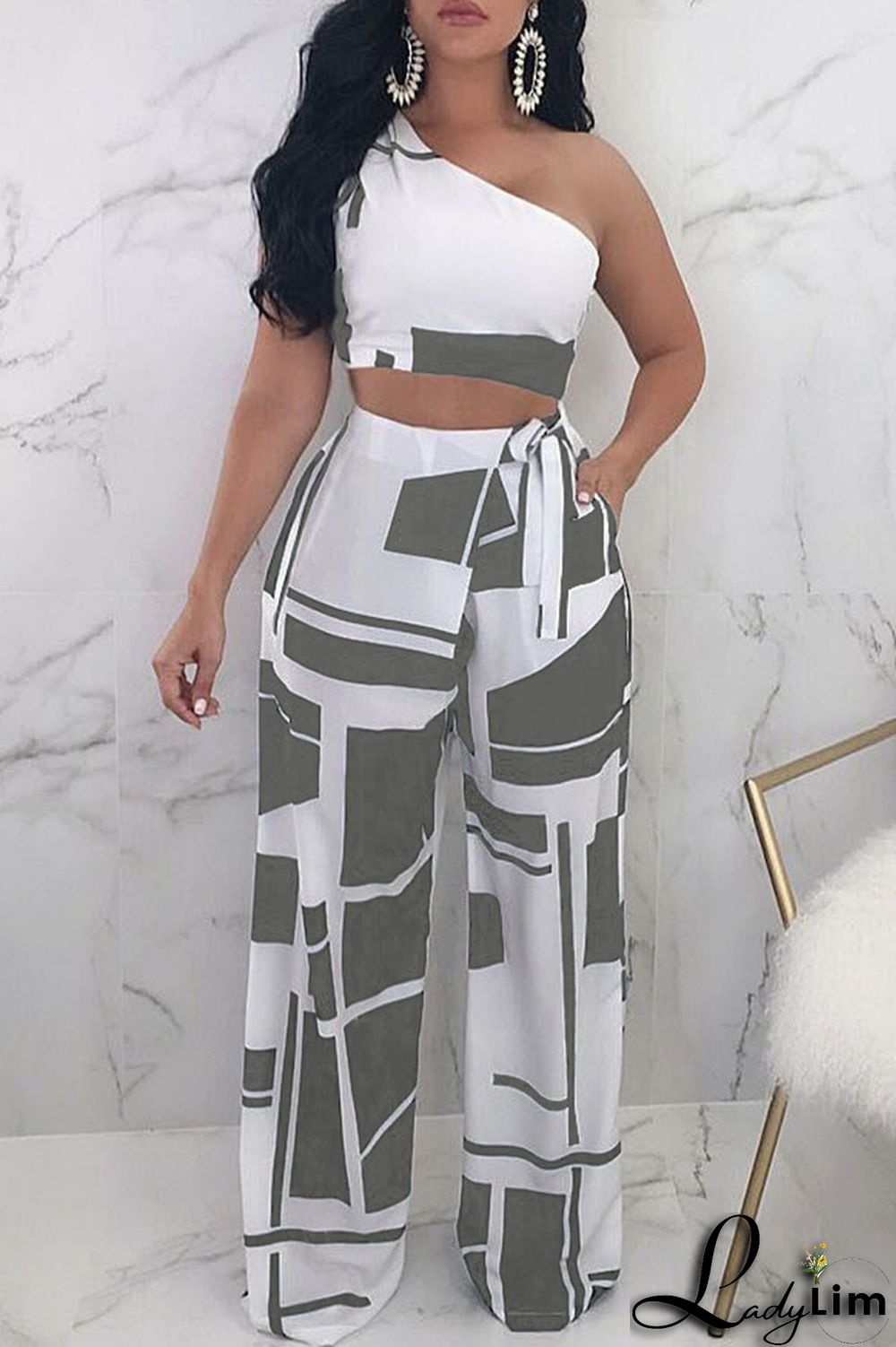 Black Sexy Casual Print Vests Pants One Shoulder Sleeveless Two Pieces