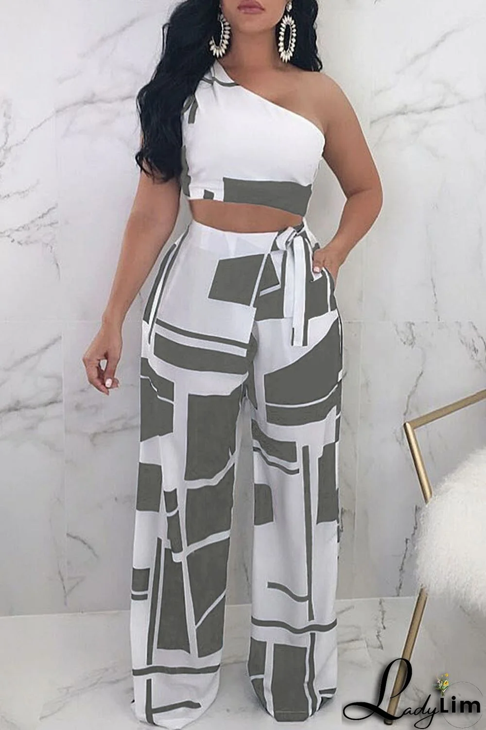 Black Sexy Casual Print Vests Pants One Shoulder Sleeveless Two Pieces