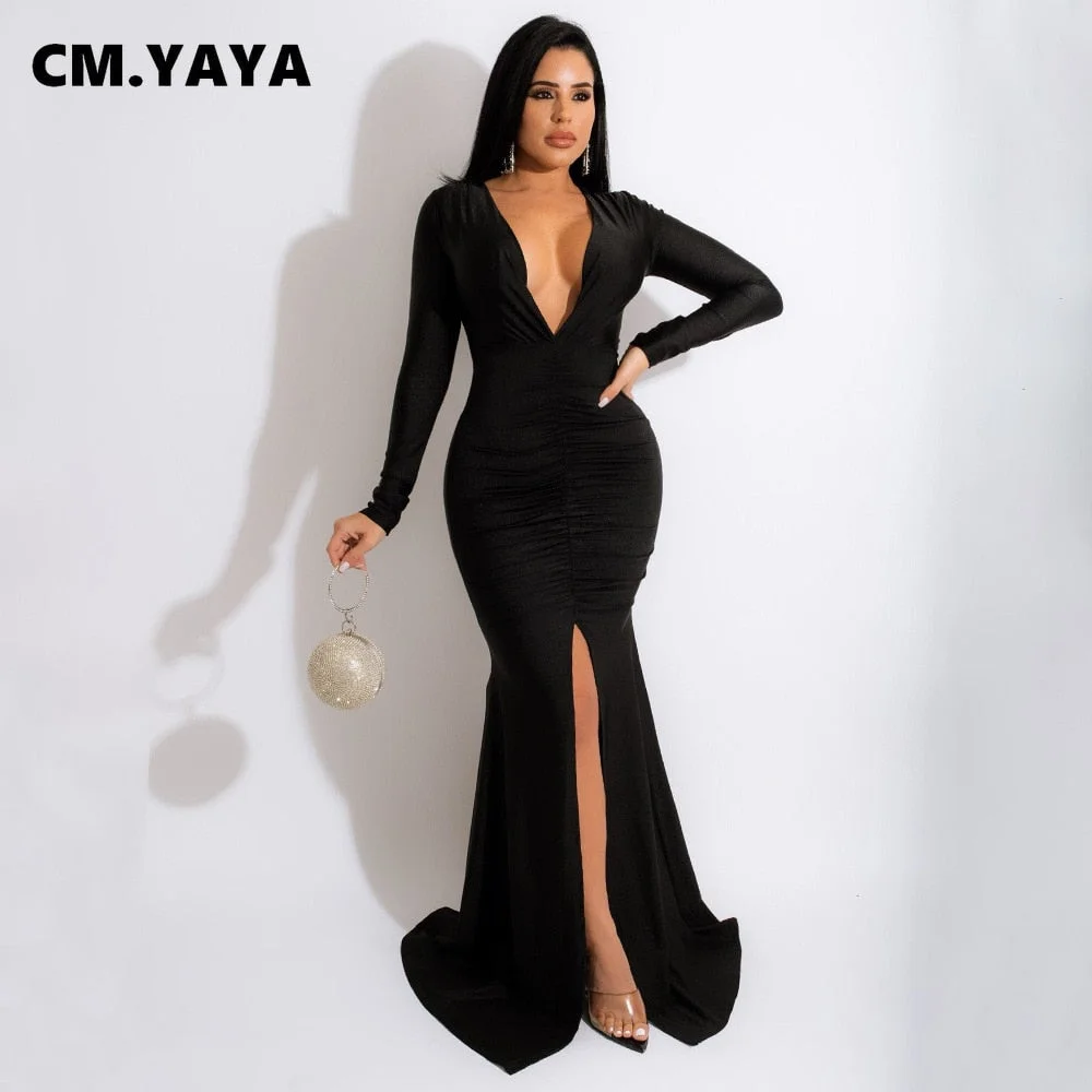 CM.YAYA Women Long Sleeve Ruched High Side Slit Deep V-neck Bodycon Mermaid Long Dress Sexy Party Club Night Elegant Maxi Dress