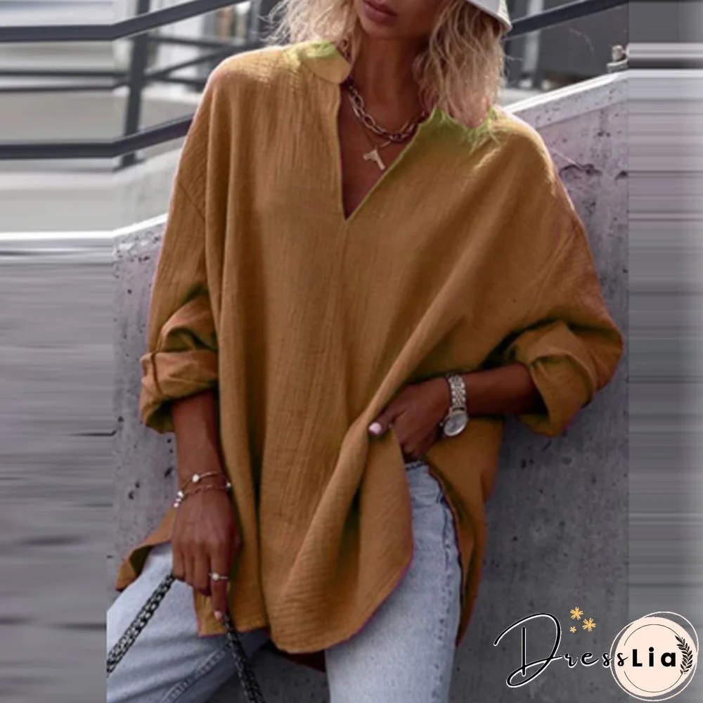 Women Autumn Casual Long Sleeve V-Neck Blouse Solid Color Loose Pullover Top Ladies Commuter Fashion Simple All-match Shirt