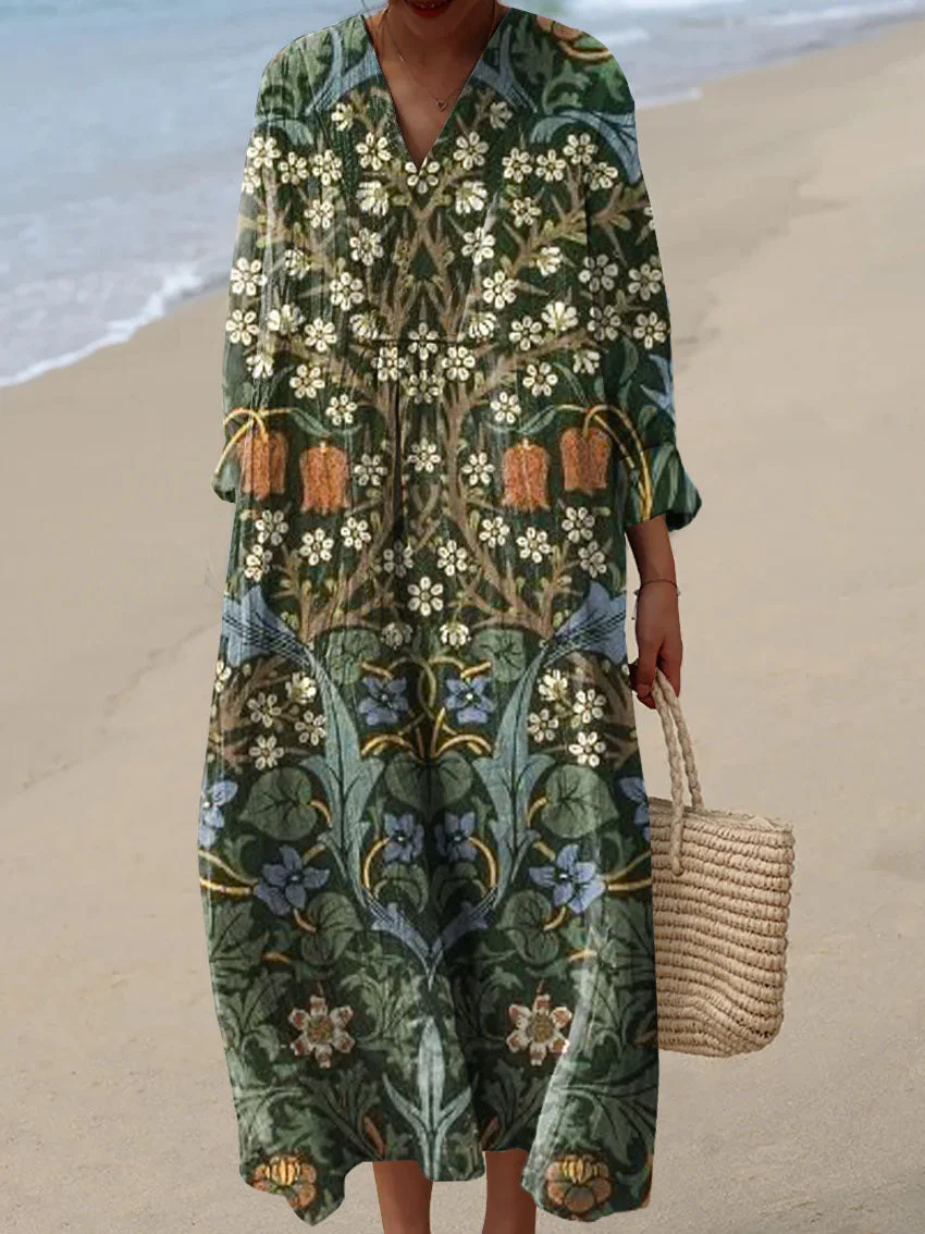 Women's Vintage Lovely Floral Pattern Art Print Cotton Dress