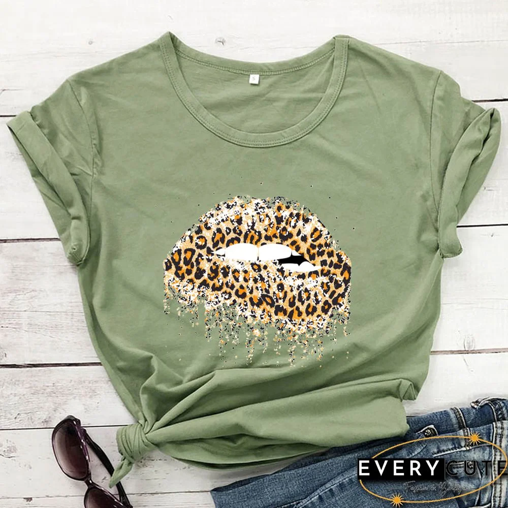 Funny Leopard Lips Dripping T-shirt TrendyPersonalityShirtsWomenFashionCasualPureCottonVintageShirt 90sAesthetic Tee