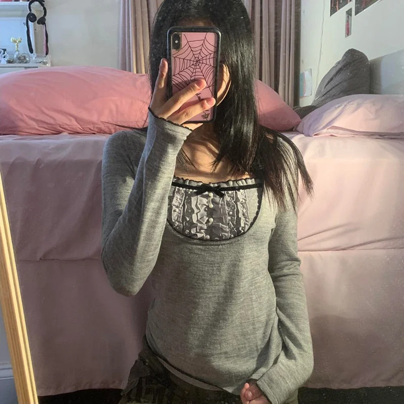Rapcopter Y2K Grey Sweaters Frill Pearl Sweet Cute Jumpers Prepply Full Sleeve Bow Pullovers Women Vintage Grunge Knitwear Chic