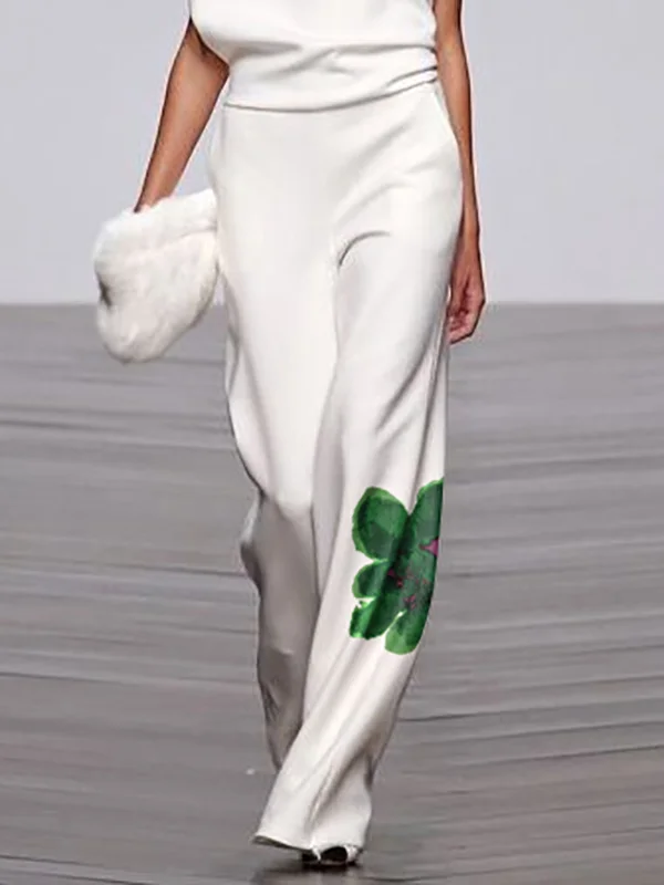 Flower Print Loose High Waisted Trousers Pants