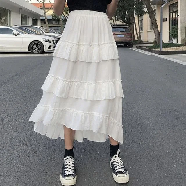 Gothic Elastic waist Solid Color Triple Ruffled Skirt