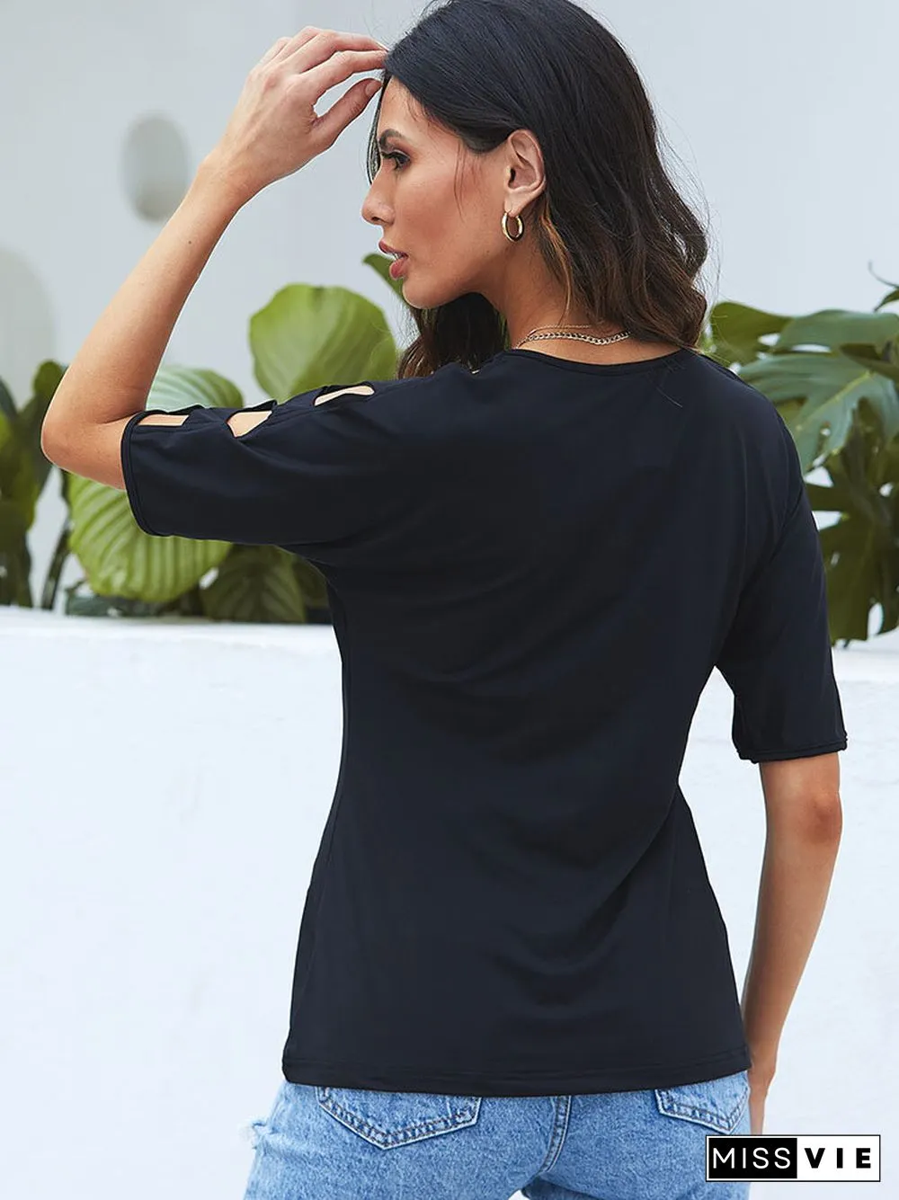 Solid Hollow Short Sleeve Crew Neck T-shirt For Women