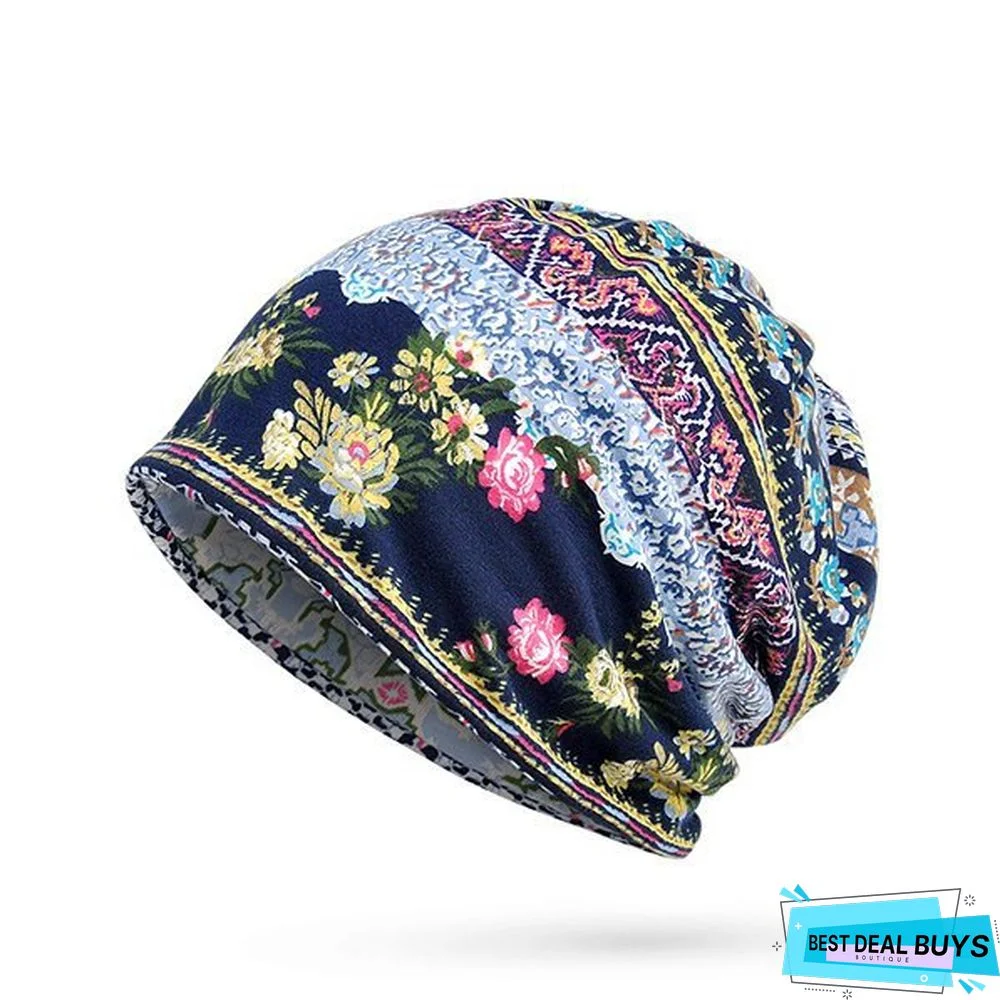 Women Vintage Stripe Print Beanie Outdoor Windproof Hat