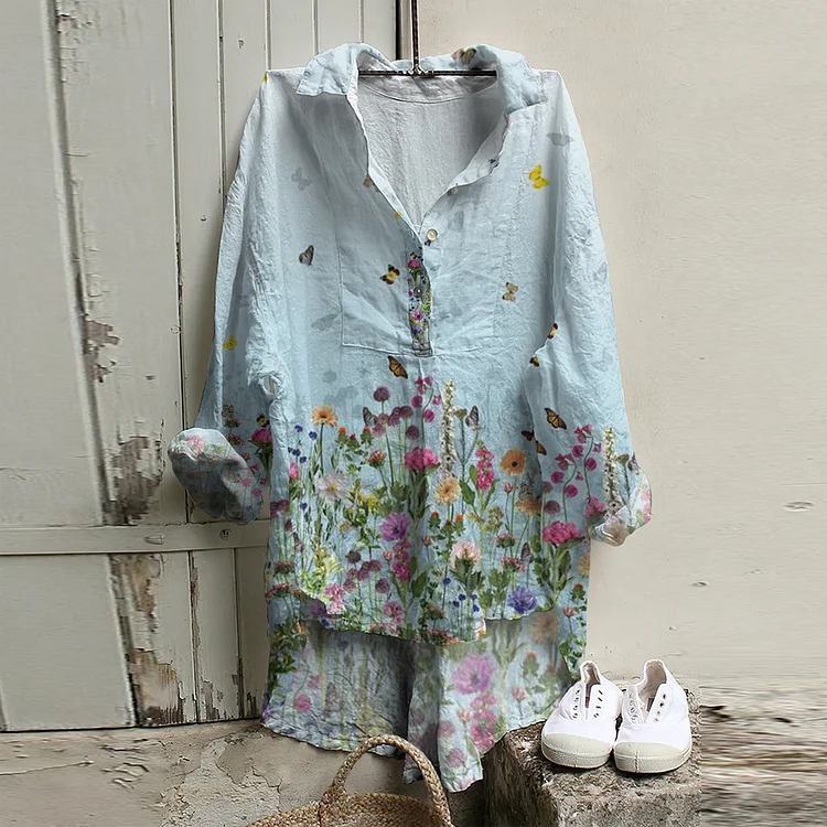 Comstylish Casual Plant Flower Butterfly Print Long Front And Short Back Linen Shirt