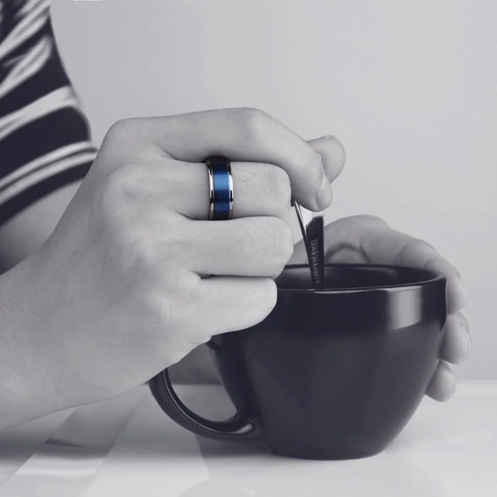 6MM 8MM Women's Or Men's Brushed Blue Tungsten Carbide Silver Polished Beveled Edge Wedding Bands Carbon Fiber