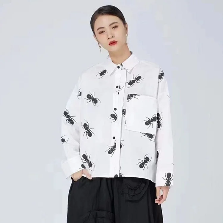 Casual Loose Lapel Contrast Color Ant Printed Long Sleeve Shirt