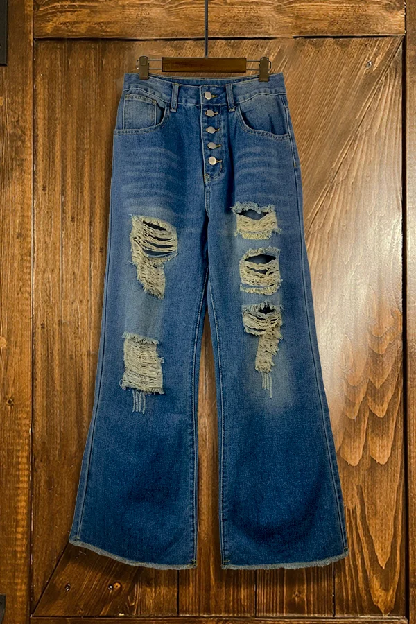 Casual Plain Wide Leg Ripped Washed Jeans