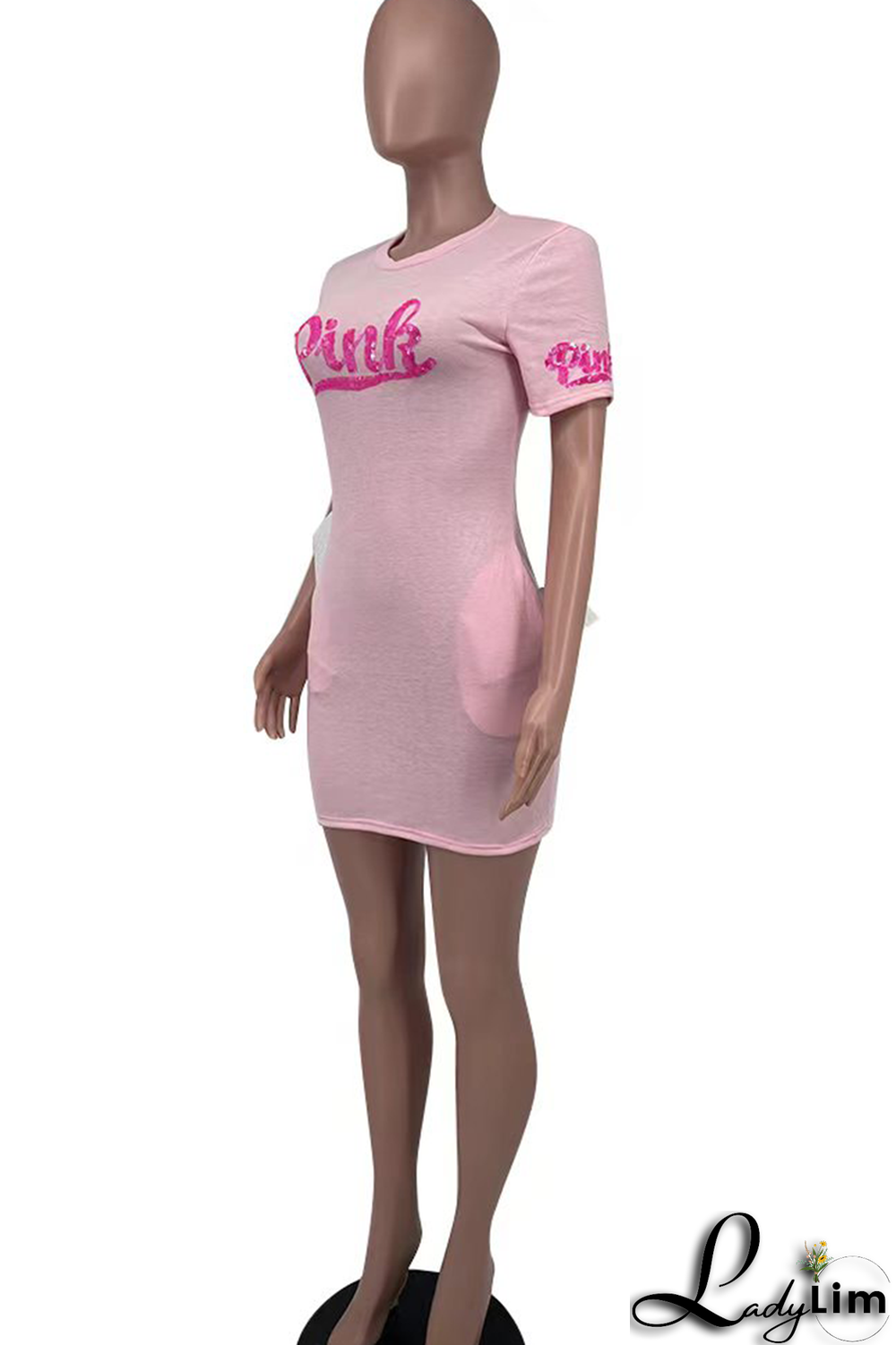 Pink Fashion Patchwork Sequins O Neck Pencil Skirt Dresses