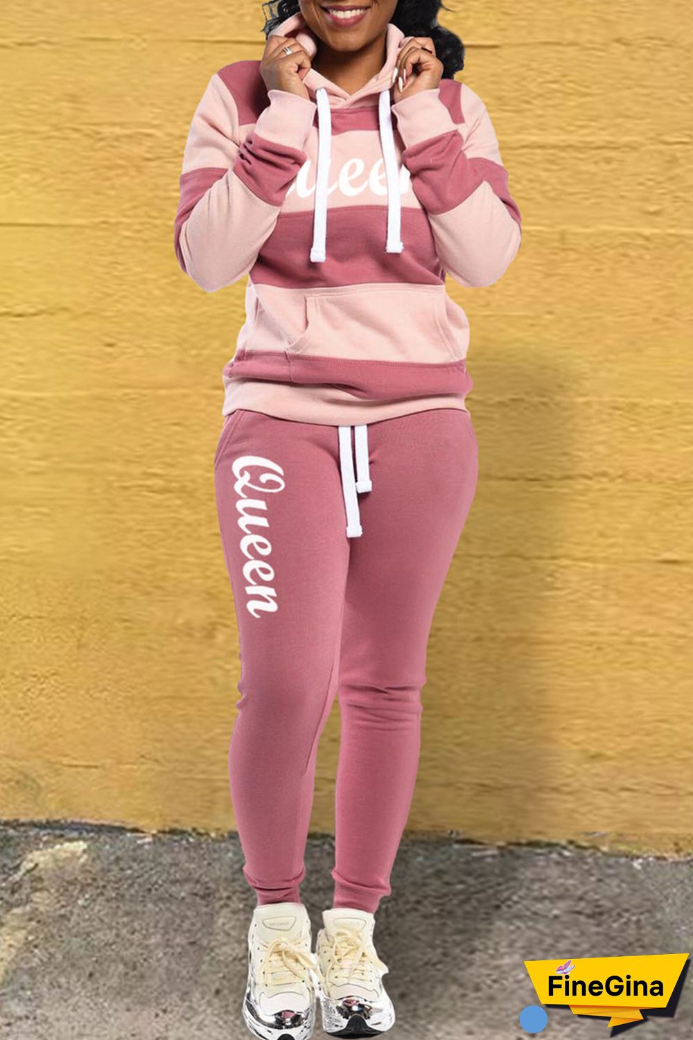 Black Casual Letter Striped Print Patchwork Contrast Hooded Collar Long Sleeve Two Pieces