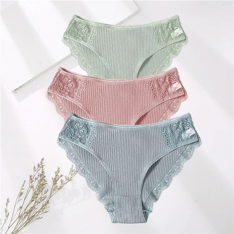 FINETOO 3PCS/Set M-XXL Cotton Underwear Women's Panties Comfort Underpants Floral Lace Briefs For Woman Sexy Low-Rise Intimates