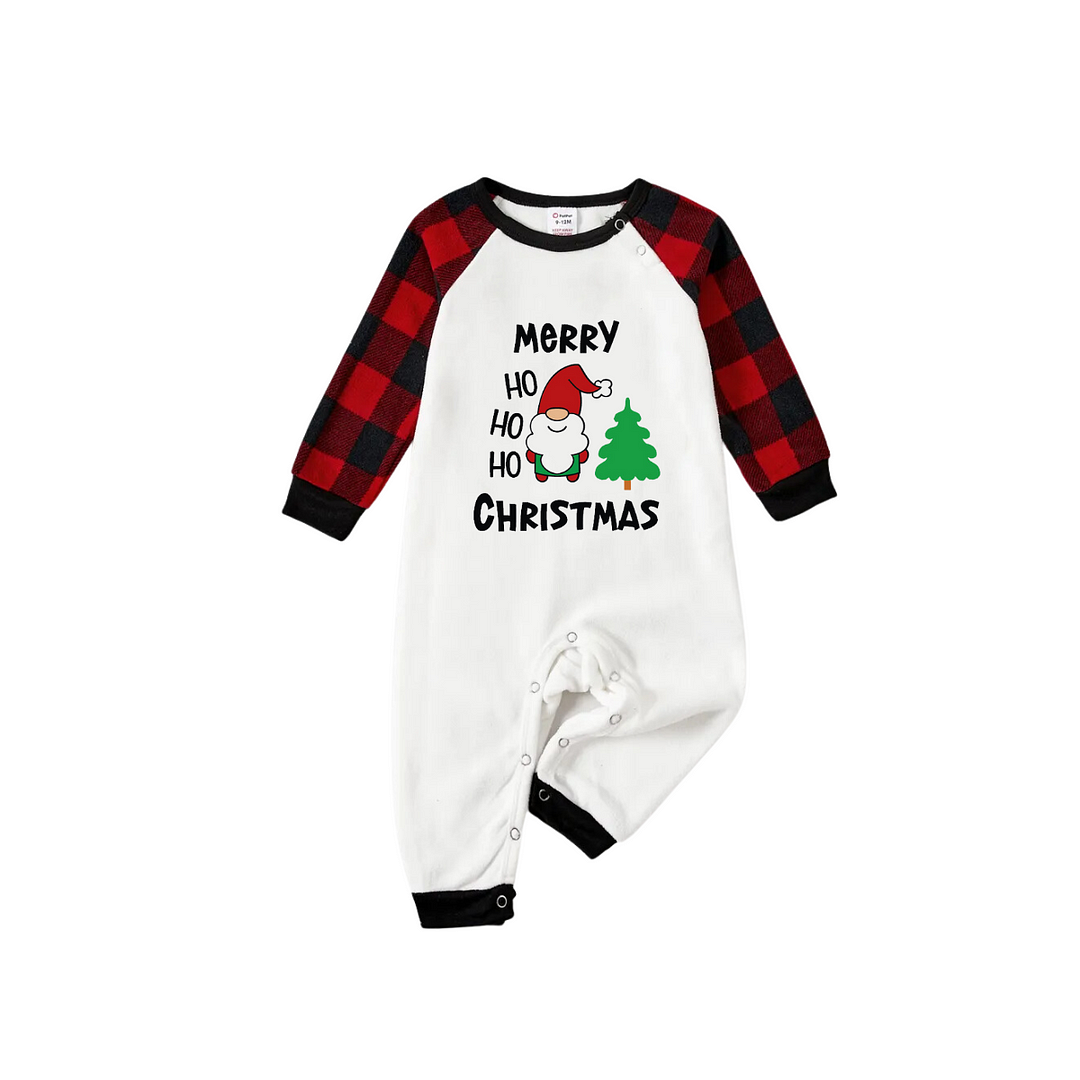 "HO HO HO Merry Christmas" 2024 White Long Sleeve Top with Red & Black Plaid Family Matching Pajamas