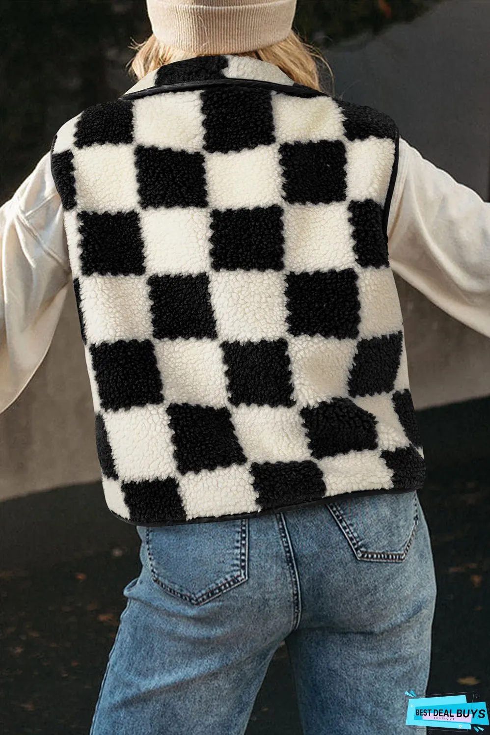 Black Checkered Sherpa Collared Jacket Vest