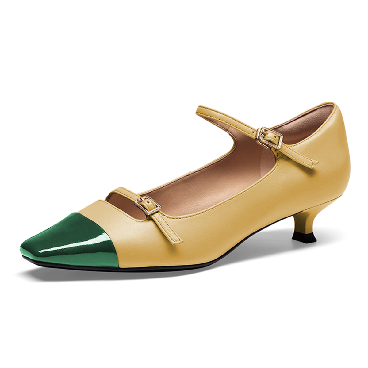 Yellow & Green Square Toe Low Heel Pumps with Double Buckled Straps Nicepairs