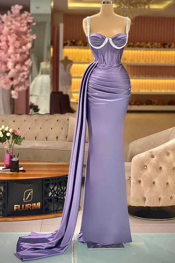 Daisda Purple Sleeveless Spaghetti Straps Mermaid Beads Prom Dress