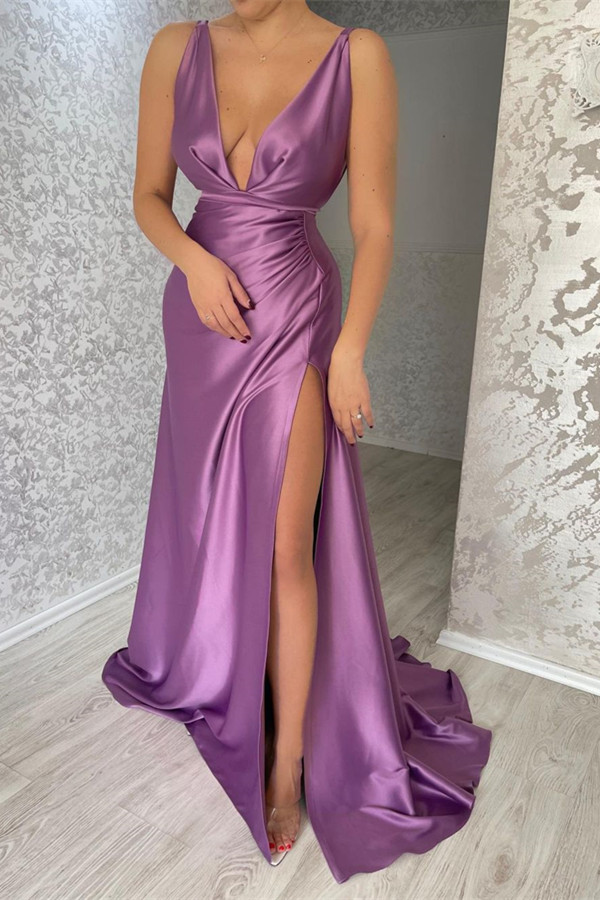 Bellasprom Deep V-Neck Sleeveless Purple Prom Dress Mermaid Long With Slit On Sale Bellasprom