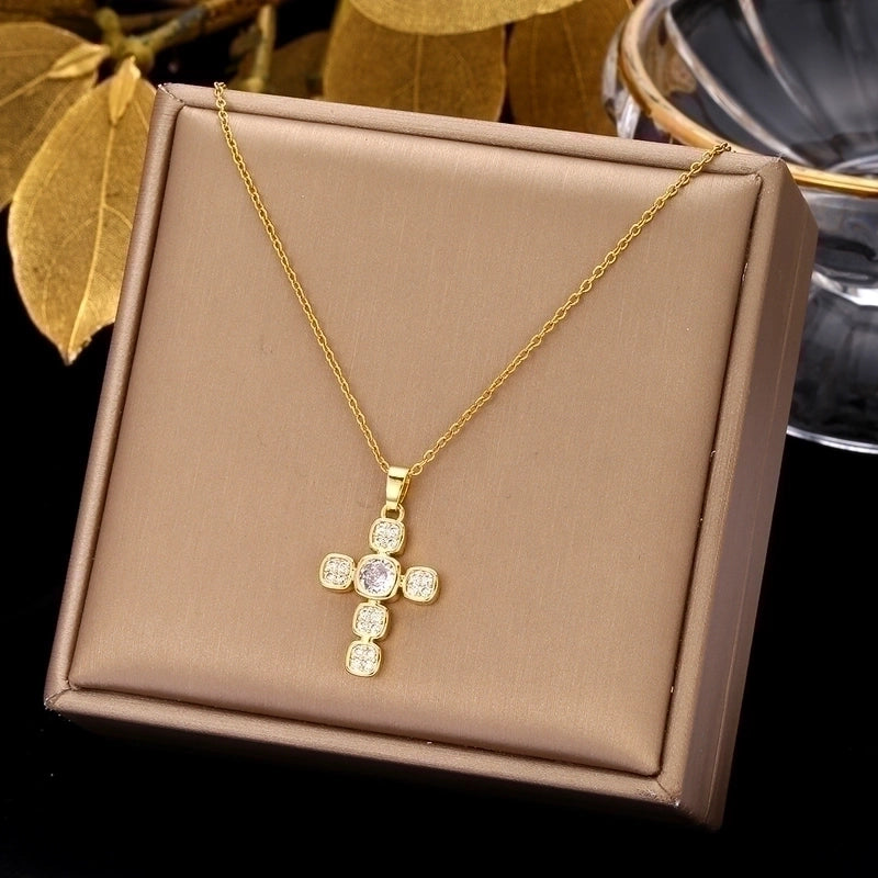 2 Pieces Ethnic Style Cross Stainless Steel Inlay Zircon Pendant Necklace