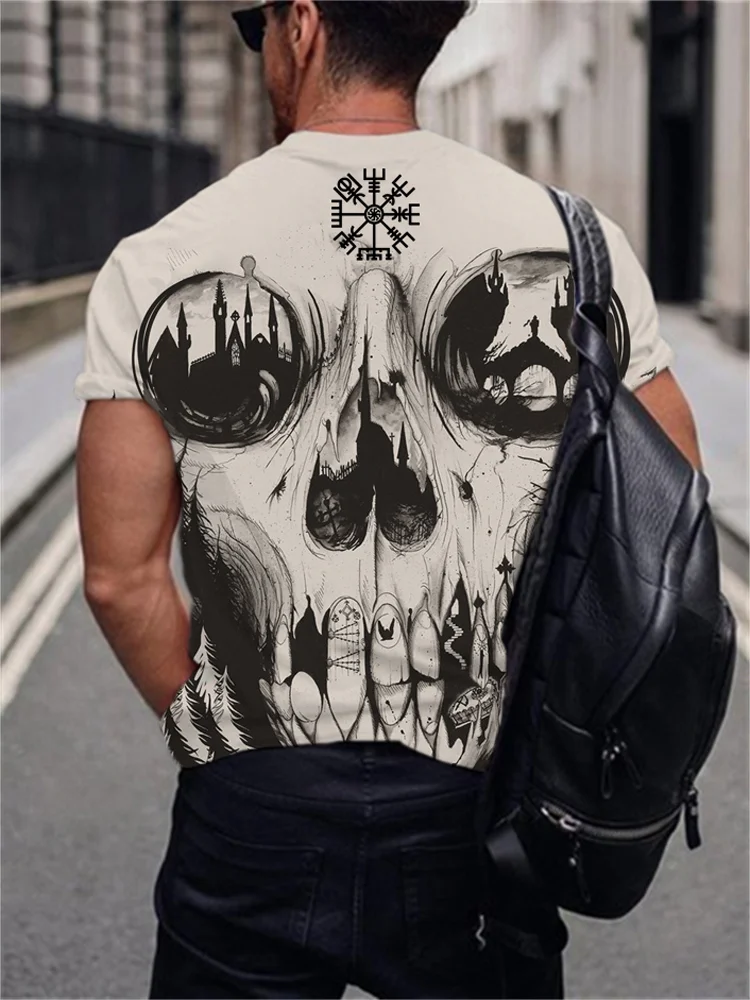 BrosWear Men's viking Skull Forest Black And White Art Pattern T Shirt