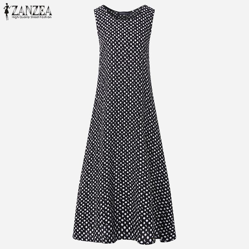 Bohemian Polka Dot Maxi Dress Women's Sundress 2022 ZANZEA Casual Sleeveless Tank Vestidos Female O Neck Party Robe