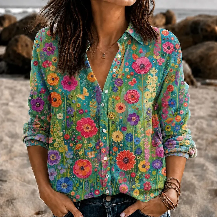 Women's Retro Hippie Style Floral Pattern Linen Casual Shirt
