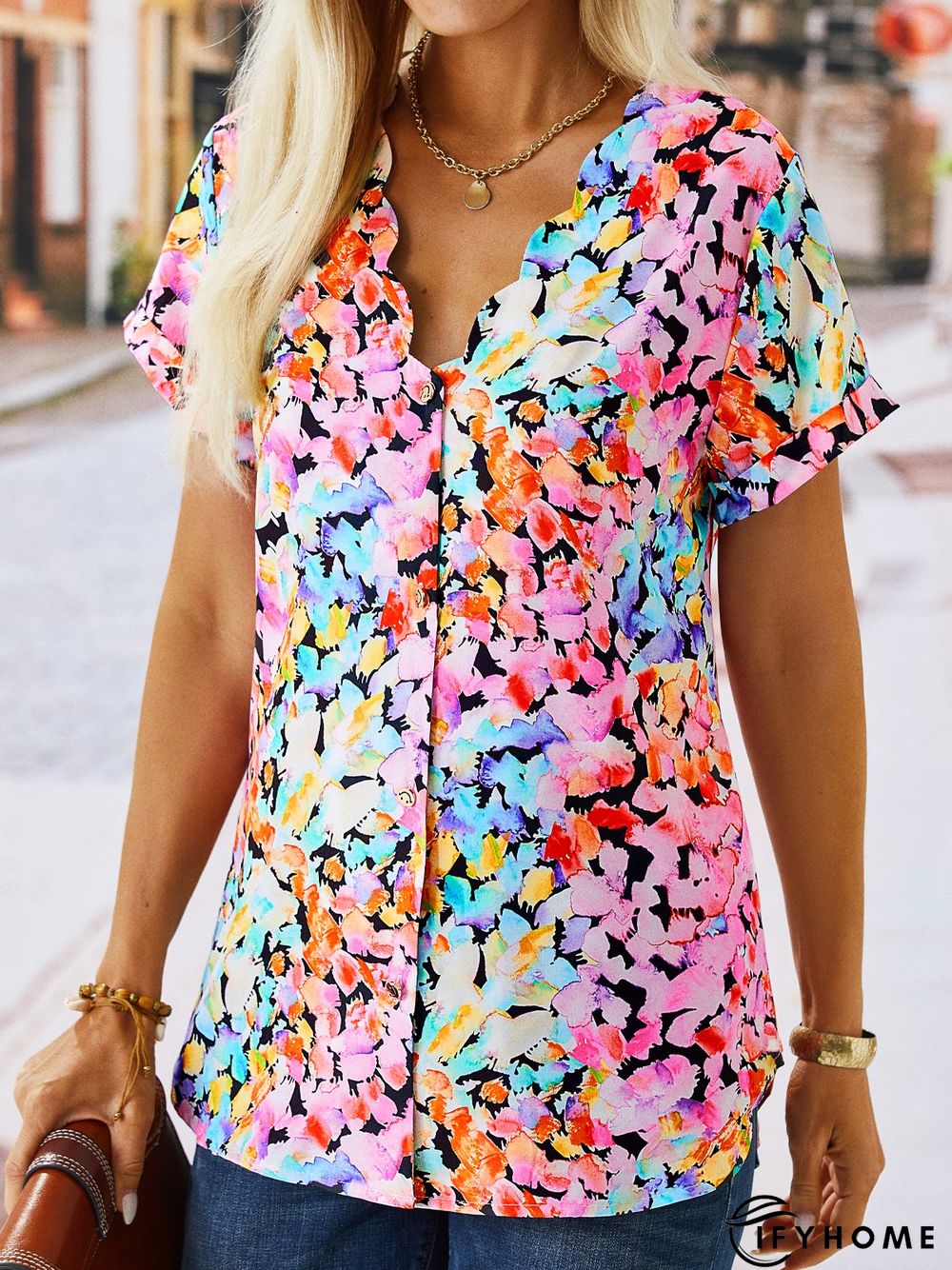 Floral V Neck Casual Short Sleeve Buttoned Blouse | IFYHOME