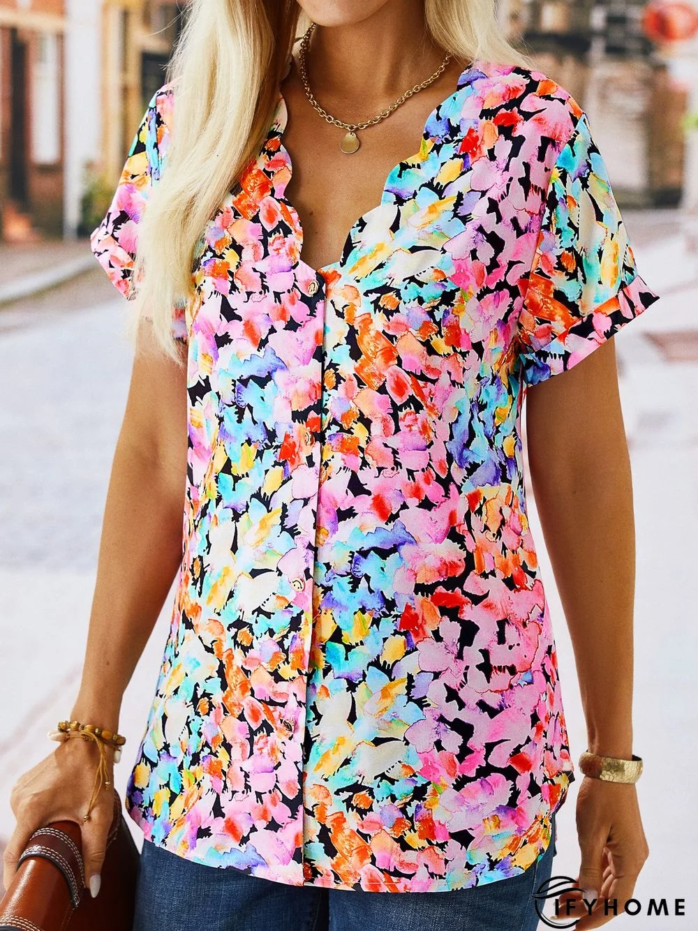 Floral V Neck Casual Short Sleeve Buttoned Blouse | IFYHOME