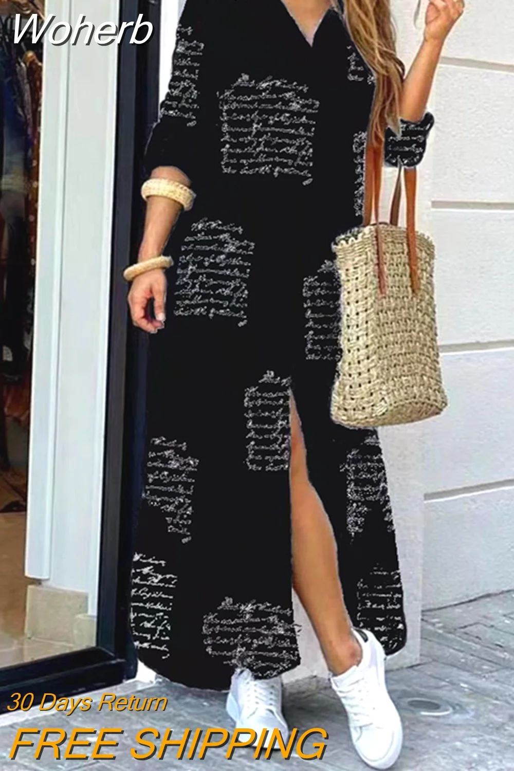 Woherb Dresses for Women S~5xl Scarf Chain Print Button Down Shirt Dress Y2k Vestidos De Mujer Casual Elegant Midi Robe Female-Outfit Ideas