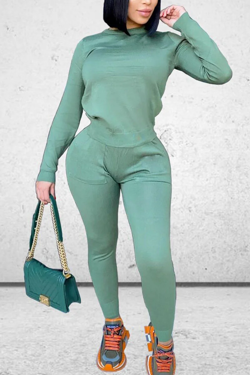 Green Daily Solid Split Joint Pocket O Neck Long Sleeve Regular Sleeve Regular Two Pieces