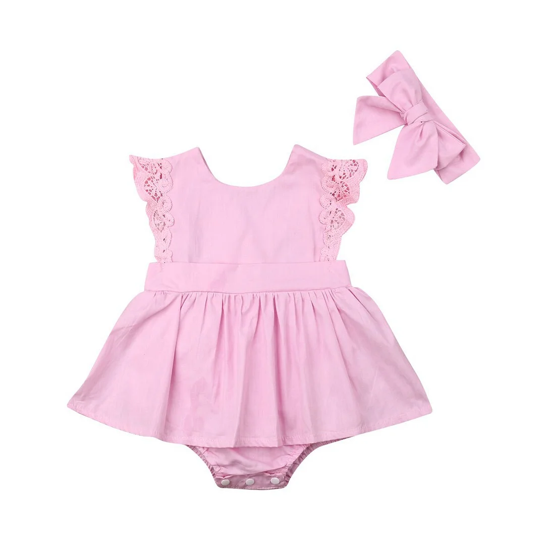 2019 Children Summer Clothing Infant Kid Baby Girl Lace 2pcs Bodysuit Headband Clothes Dress Solid Lace Sleeve Jumpsuits Clothes