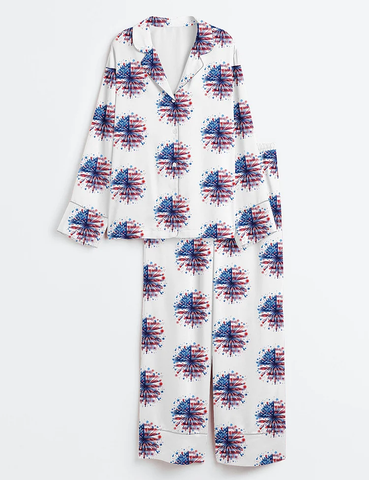 Women&rsquo;s USA Firework Women 4th Of July Independence Day America Red White Blue Patriotic Print Long Sleeve Satin Pajama Set