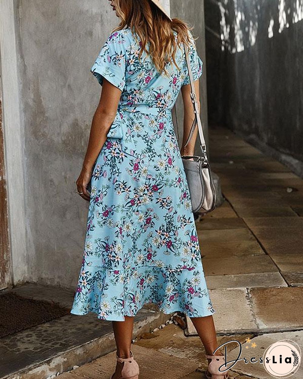 Floral Print Short Sleeve Cross Lace-up Waist Elegant Ladies Dresses