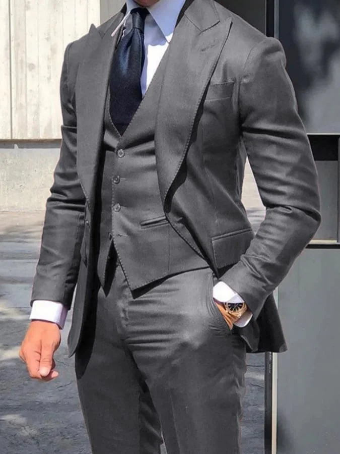 Men's Business Single-Breasted Solid Color Three-Piece Suit 