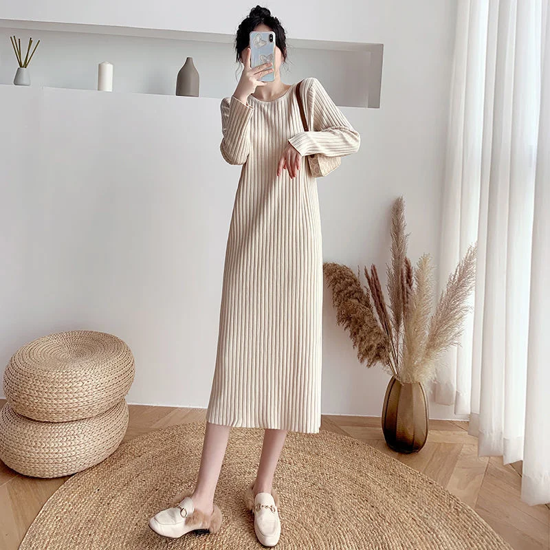 Athvotar Athvotar And Winter 2025 Long-Sleeved Collar Knitted Dress New Medium And Long Solid Color Bottom Straight Over Knee Dress