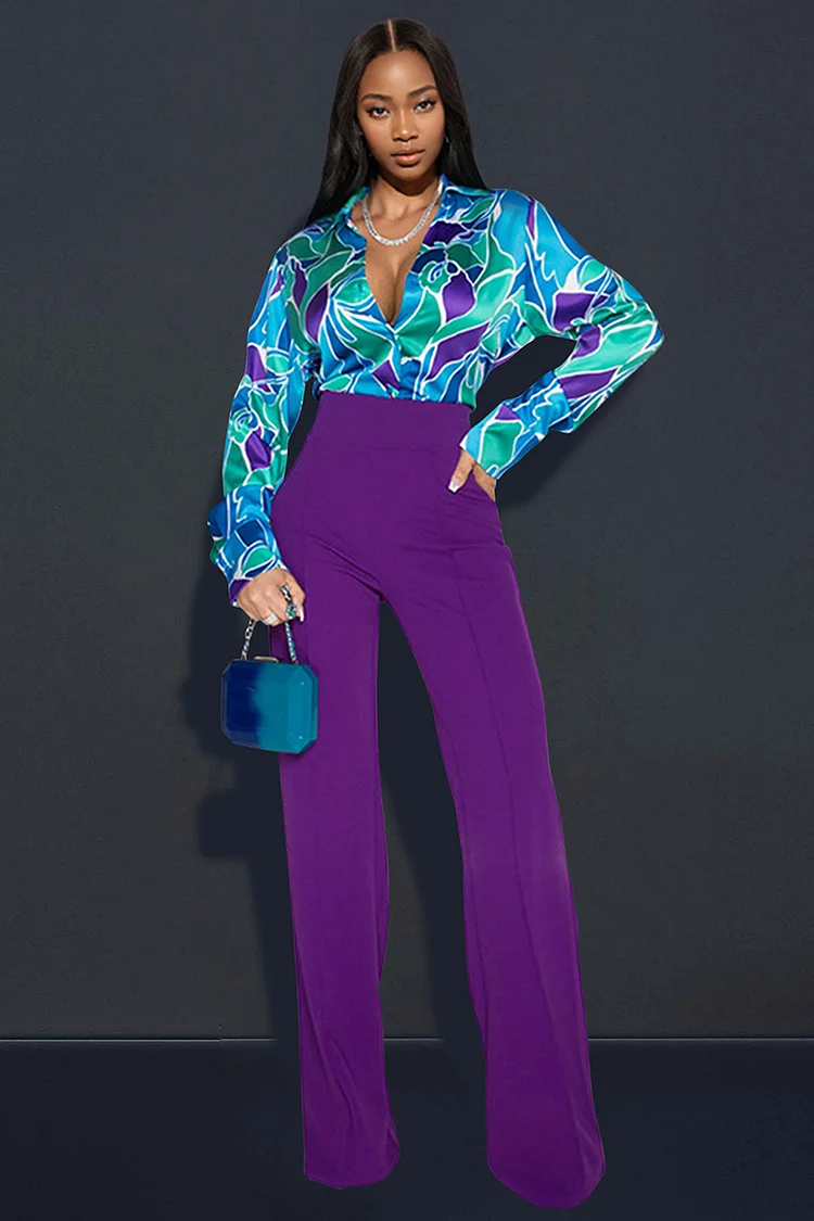 Elegant Long Sleeve V Neck Geometric Print Satin Blouse Straight Leg Pants Matching Set-Purple