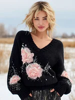 Bohemian Style Floral Embroidery Women's V-neck Knitted Sweater