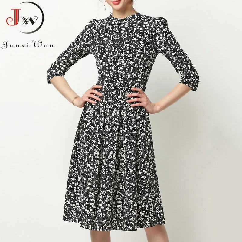Women Floral Print Elegant Vintage A line Long Dresses Spring Summer Turn-down Collar Chic Party Maxi Dress  Robe Femme