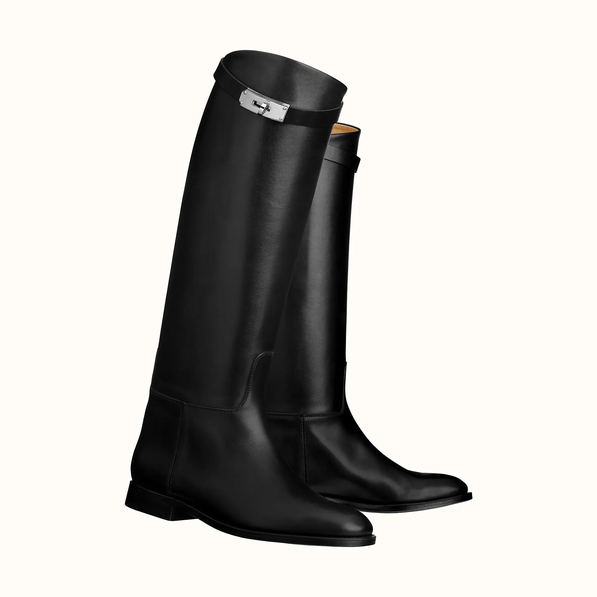 VCSHOES Brown Metal Buckle Flat Knee-High Boots Woman Round Toe Chunky Heel Knight Boots Shoes For Women
