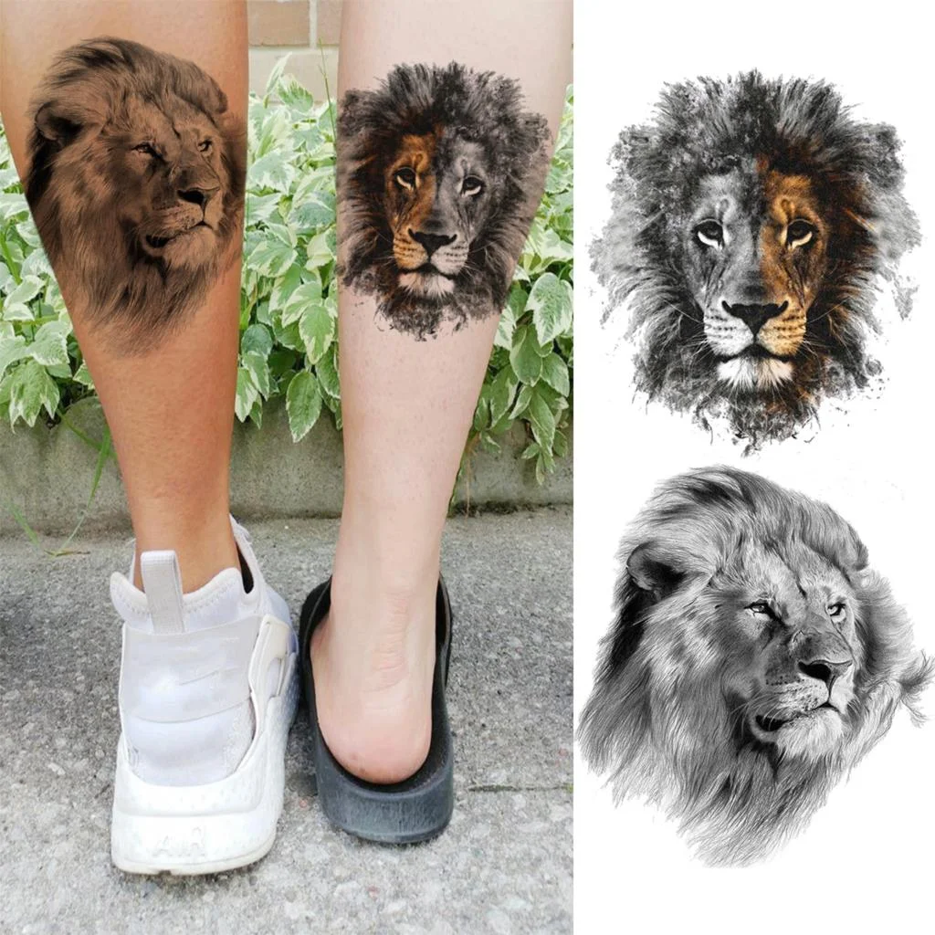 Black Lion Fashion Calf Temporary Tattoos For Women Adult Men Lion Geometric Owl Fake Tattoo Realistic Body Art Decoration Tatoo