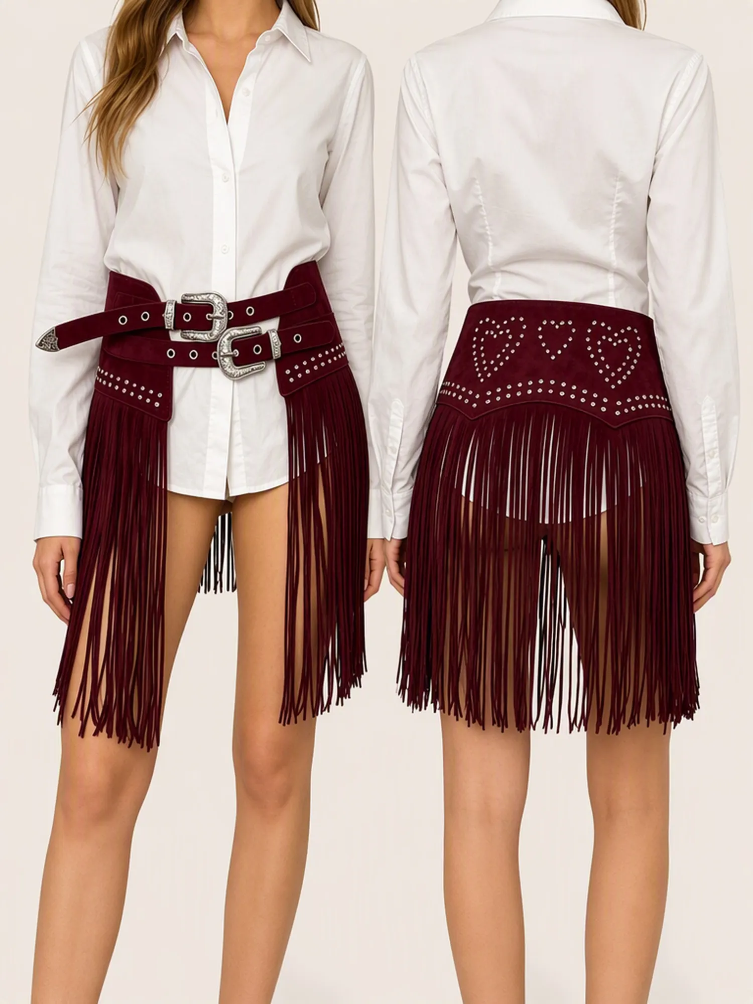 Western Double Buckle Studded Fringe Corset Belt, Faux Suede Tassel Skirt Accent Belt