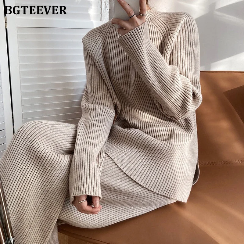 BGTEEVER Vintage Women Solid Knitted Set 2021 Autumn Long Sleeve Pullovers & Elastic Waist Pants Ladies 2 Pieces Sweaters Set