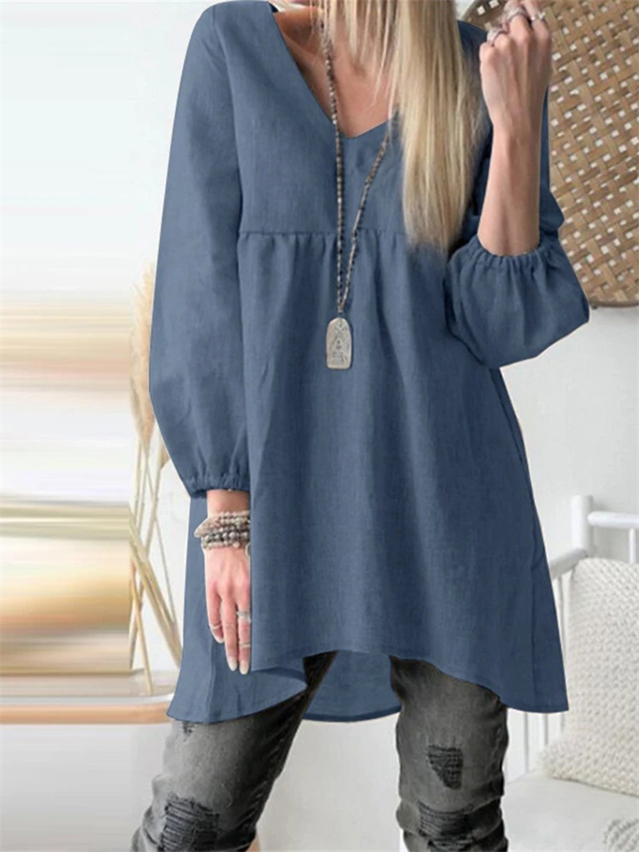 New Women's Solid Color V-neck Pleated Lantern Sleeve Blouse Casual Cotton Shirt