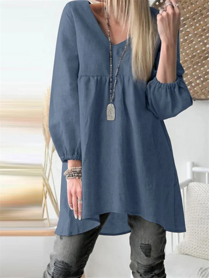 New Women's Solid Color V-neck Pleated Lantern Sleeve Blouse Casual Cotton Shirt-Cosfine