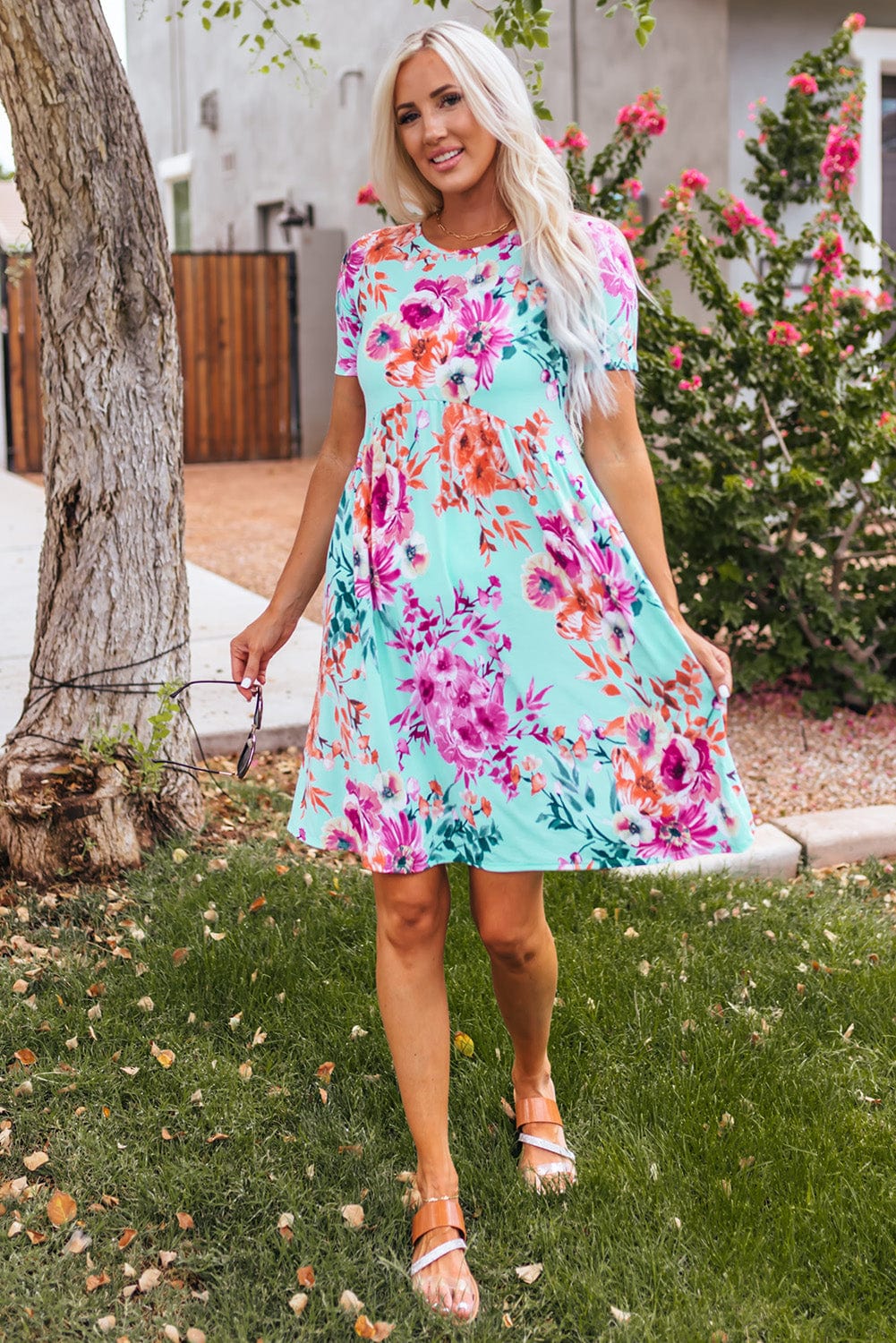 Floral Print Sky Blue T-shirt Dress with High Waist