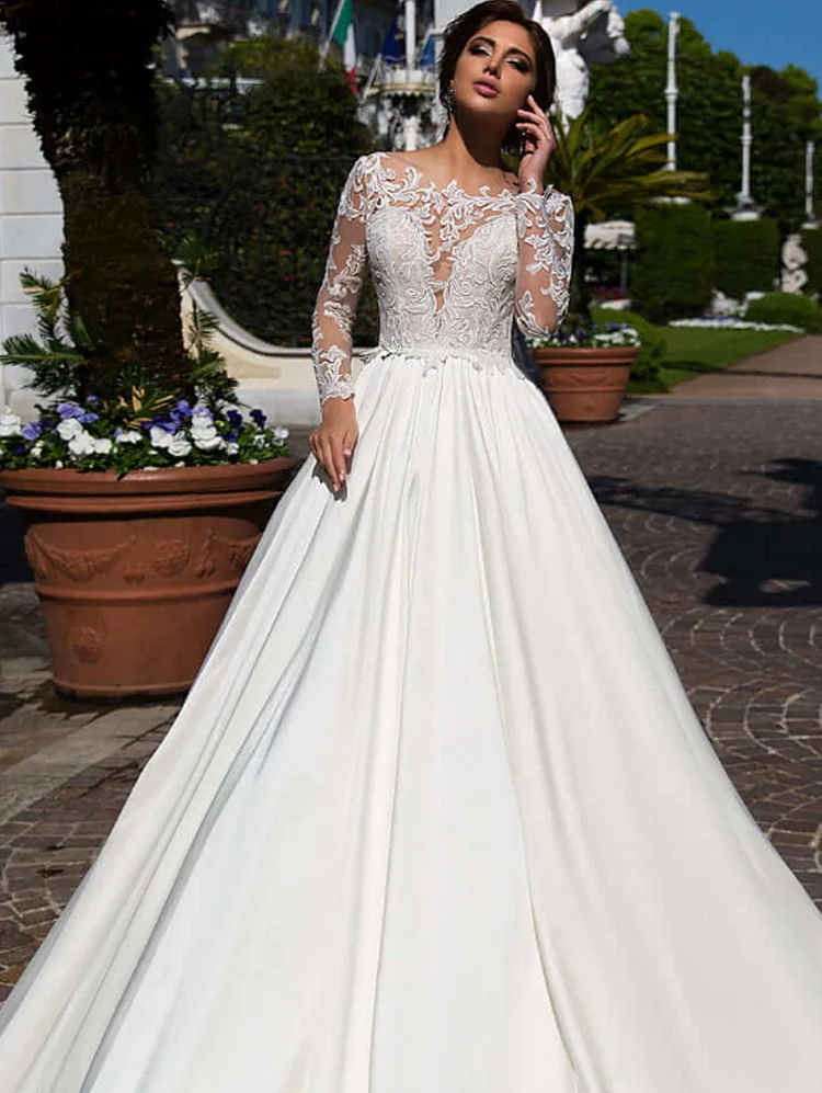 Illusion Appliques Wedding Dress Long Sleeves Lace Satin Bridal Gown Back Buttons